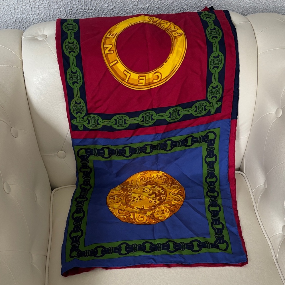 Celine Red and Blue Scarf with Gold Accents - Picture 5 of 8